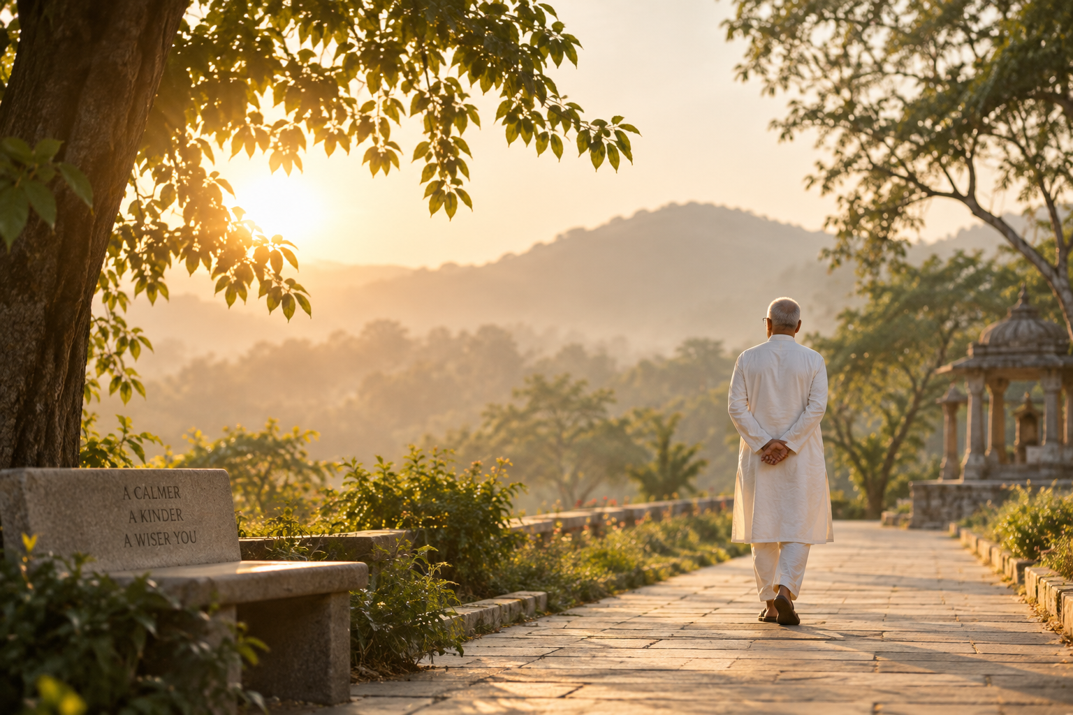 A man in white walking along a peaceful garden path in golden sunlight