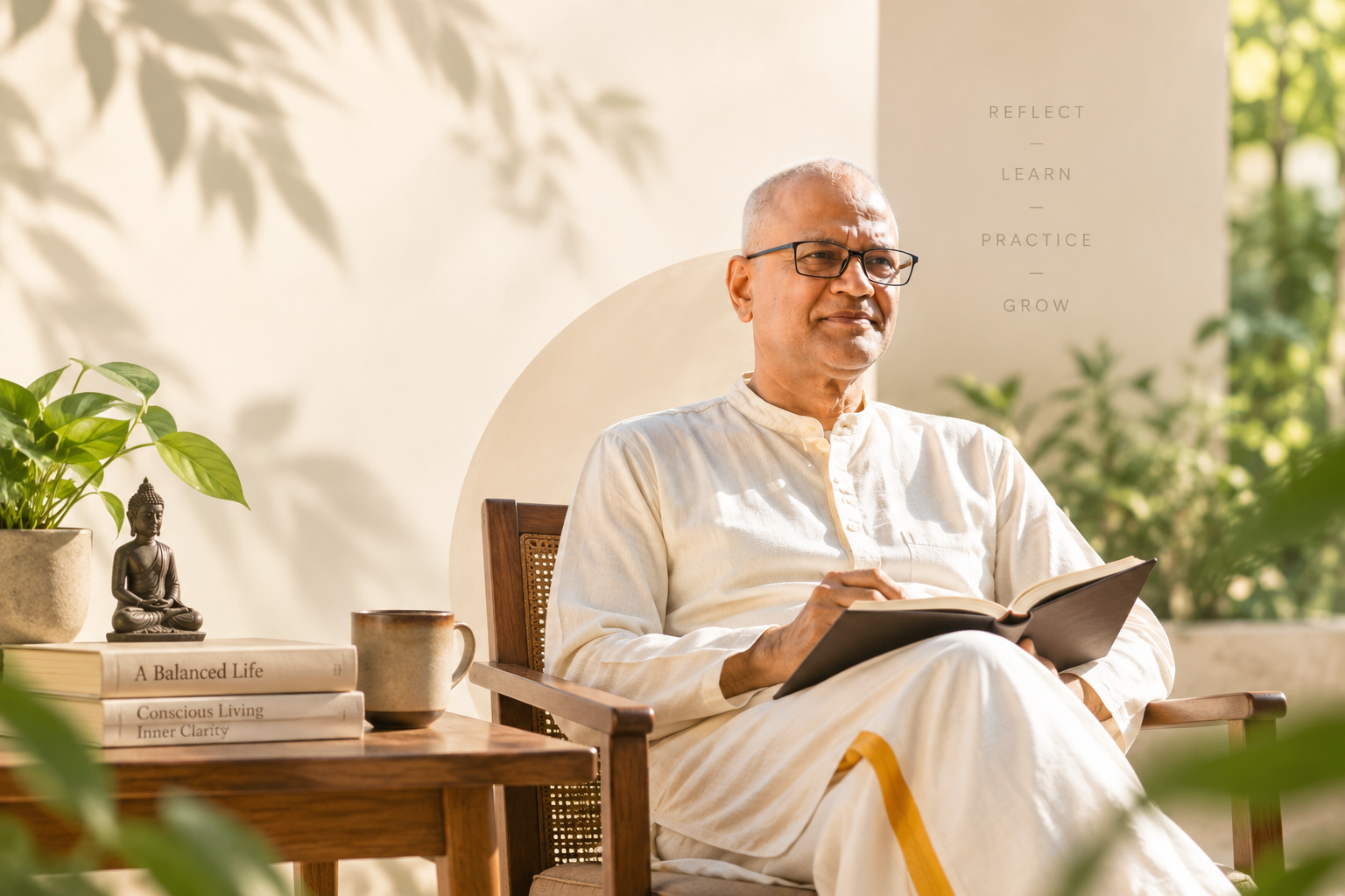 Rajesh Anand seated with an open book in a sunlit room
