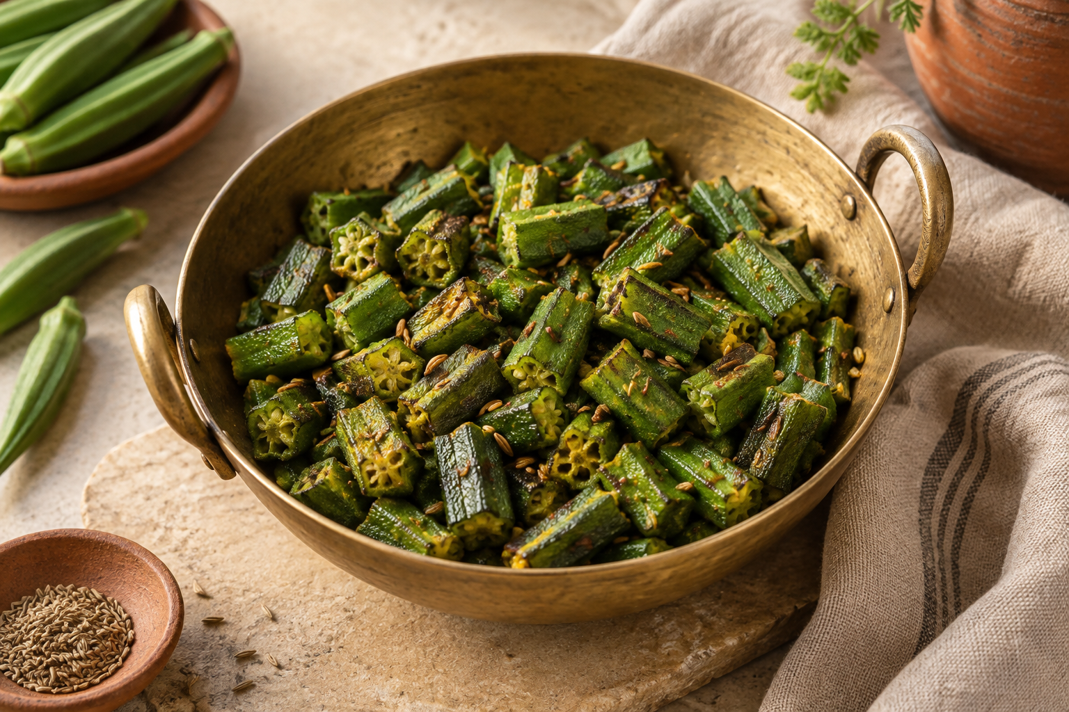 Illustration of green okra pieces roasted with cumin in a brass serving bowl.