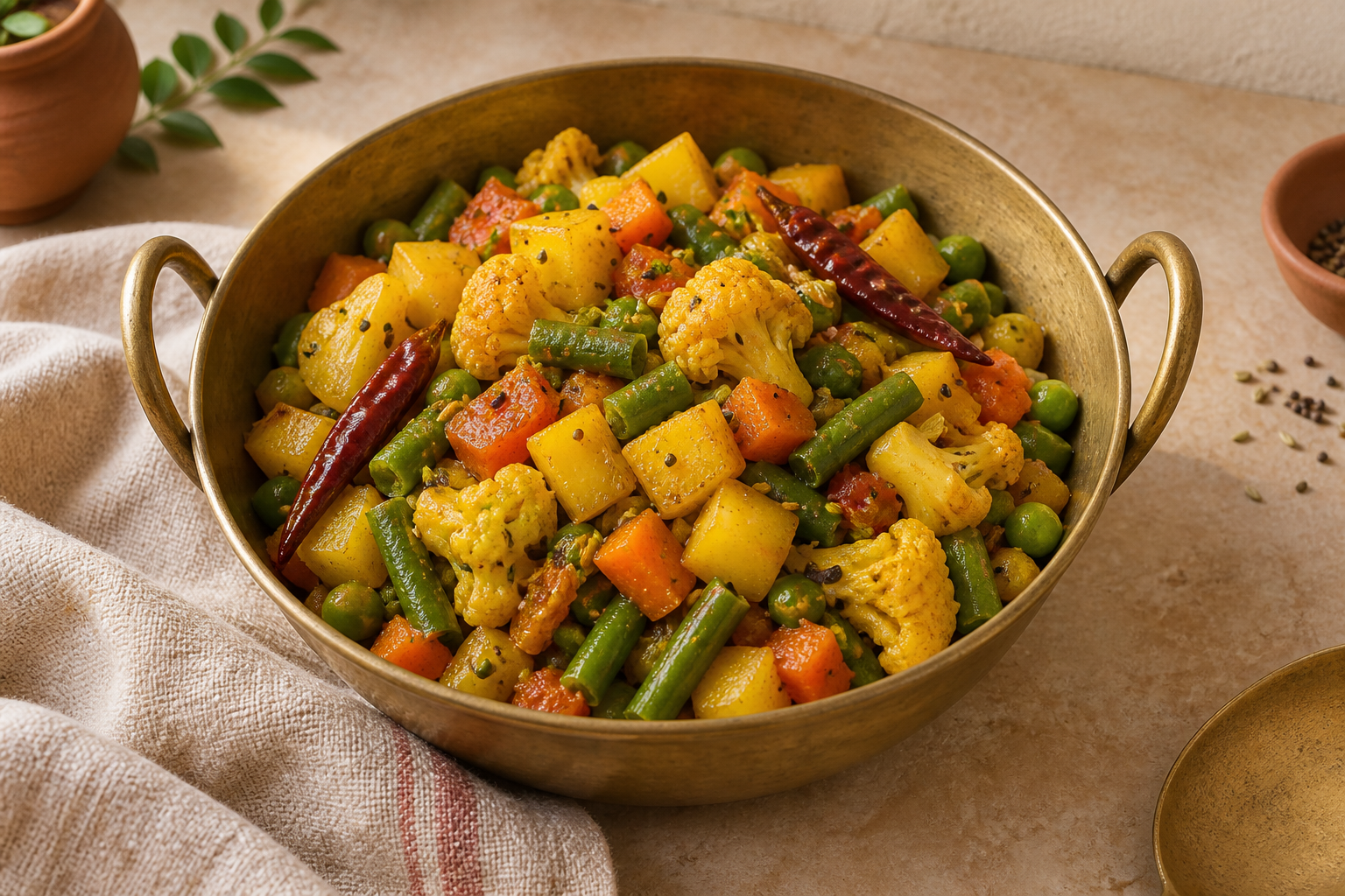 Illustration of golden mixed vegetables with whole red chillies in a brass serving bowl.